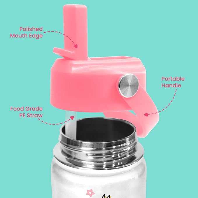 Flamingo Water Bottle - Kids Water Bottle with Straw Lid - 12 Oz Insulated Stainless Steel Water Bottles for Kid Girls - Travel Cup for School Sports