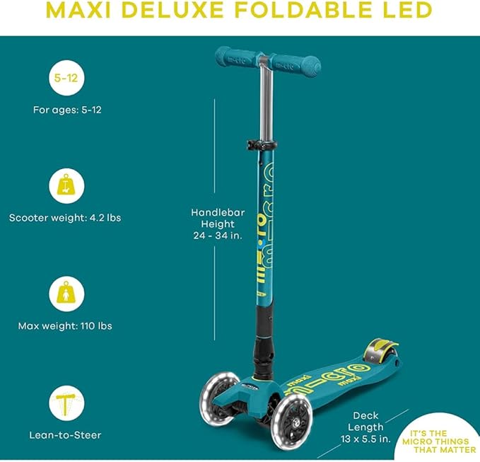 Micro Kickboard - Maxi Deluxe Foldable LED - Three Wheeled, Lean-to-Steer, Fold-to-Carry Swiss-Designed Micro Scooter for Kids with Motion-Activated Light-Up Wheels for Ages 5-12