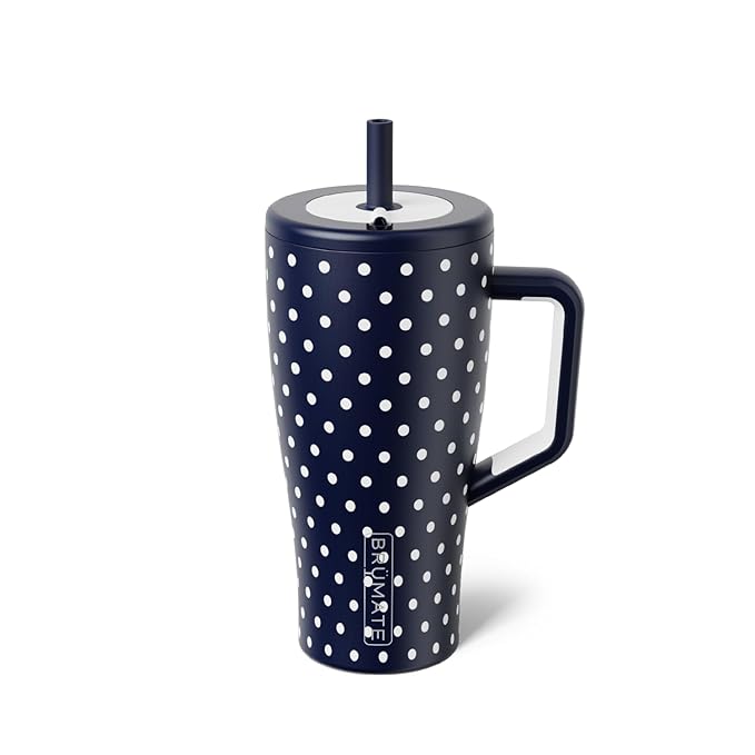 BrüMate Era 30 oz Tumbler with Handle & Straw | 100% Leakproof Insulated Water Bottle Tumbler with Lid & Flexible SoftSip Straw | Made of Stainless Steel | Cup Holder Friendly | 30oz (Navy Polka Dots)