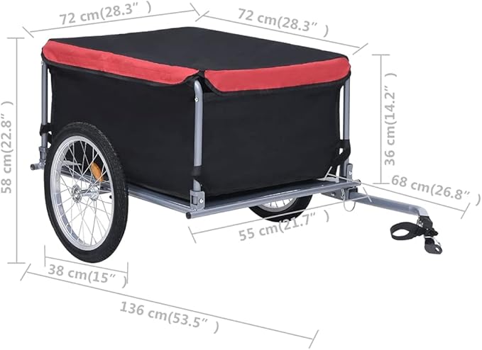 Bike Cargo Trailer with Rain Cover, Bicycle Cargo Trailer Foldable Two-Wheel Bike Luggage Wagon Bicycle Trailer with Removable Cover, Black and Red, Maximum Load Capacity: 143.3 lb