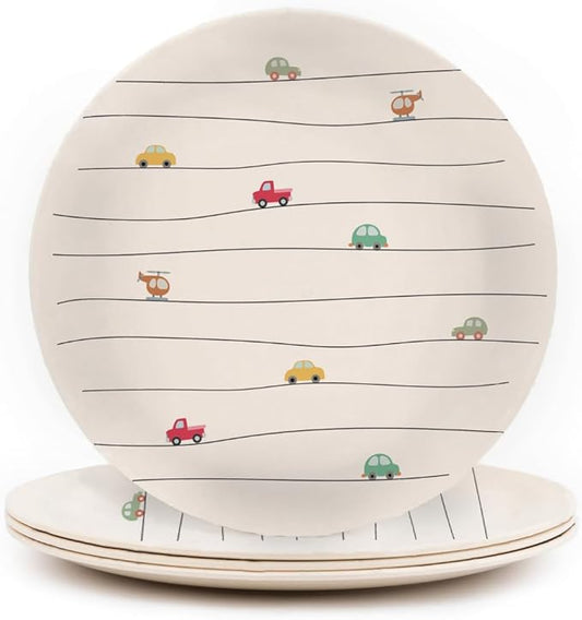 Nook Theory 4 Pack Reusable Bamboo Plates - Non-Toxic Plate, Dishwasher Safe, Not Microwavable Dinnerware (Vroom 10")