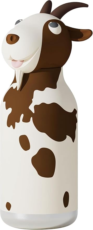 asobu Bestie Bottle Insulated Stainless Steel Water Bottle with Detachable Soft Animal Head Fun Drinking For Kids and Teens with Flexible Reusable Straw 16 Ounce (Goat)