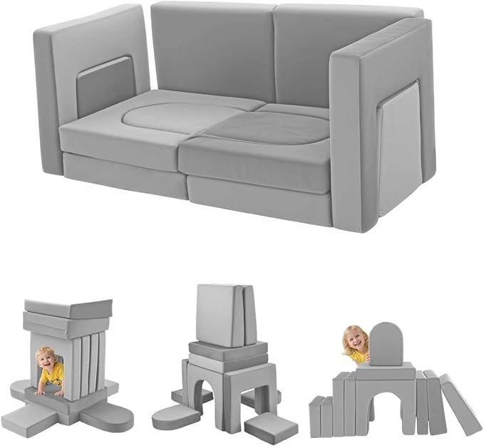 12Pcs Modular Kids Play Couch Multifunctional Foam Toddler Sofa Convertible Kids Sofa Playroom Bedroom Furniture Floor Foam Explorer Couch with Building Fort Feature for Boys and Girls (light gray)