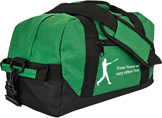 Personalized Passion 14” Small Sports Duffel Bags for Kids - Waterproof Travel Duffle with Name & Baseball Design - Dark Green Two-Toned Kids Weekender Bag for Boys and Girls