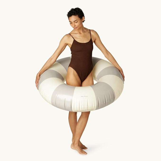 Petites-Pommes Inflatable Pool Float for Adults - Durable Inner Tube, Handprinted Classic Striped Design Pool Tubes, Soft Comfort Seaming, Packable Floats for Travel, Beige, 47 inch