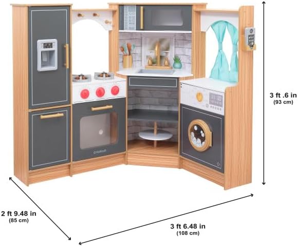 KidKraft Ultimate Corner Wooden Play Kitchen with Lights & Sounds, Play Phone and Curtains, Natural, Gift for Ages 3+