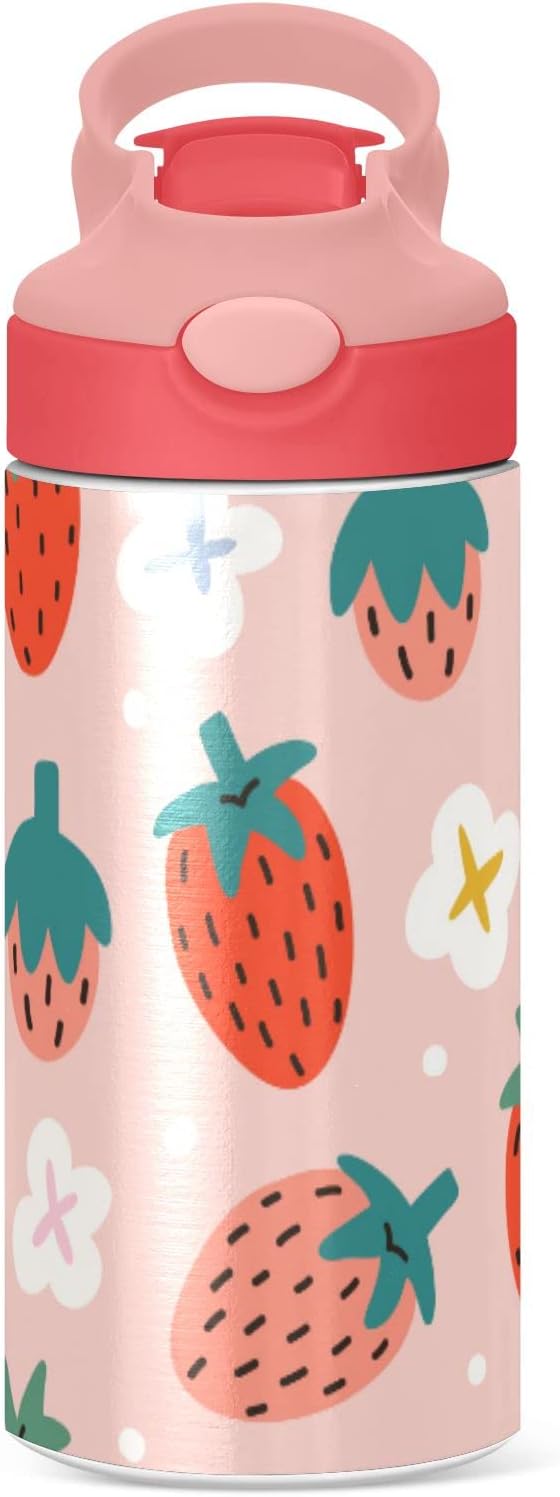 Kigai Black & White Cow Print Kids Water Bottle with Straw Lid, Vacuum Insulated Stainless Steel Double Walled Leakproof Tumbler Travel Cup for Girls Boys Toddlers, 12 oz