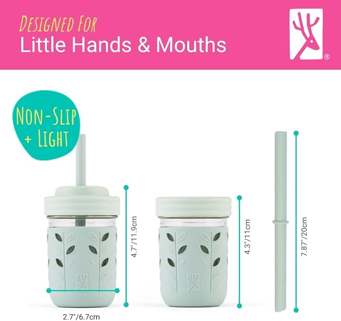 Elk and Friends Kids + Toddler Glass Cups | The Original 8oz Glass Mason Jar with Sleeves + Lids | Silicone Straws + Stopper | Smoothie Cup | Food Storage | Spill Resistant | Dishwasher Safe | 4 Pack