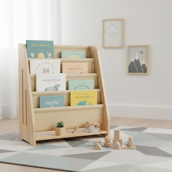 Baby Bookshelf Wood Montessori Kids Book Shelf Dutch Design 5Tier Scalloped,NaturalMapleWood Pattern