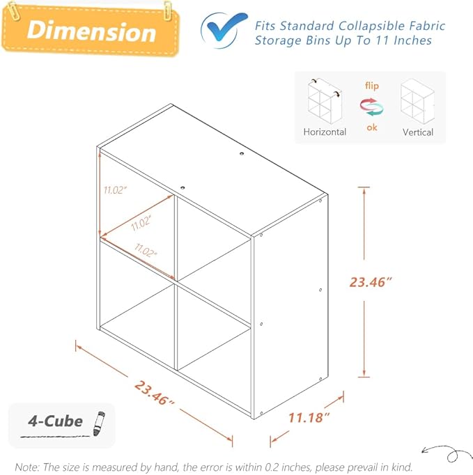4 Cube Organizer Bookcase - Fabric Storage Bins Container, Open Shelf Simple Compartments Bookshelf, White