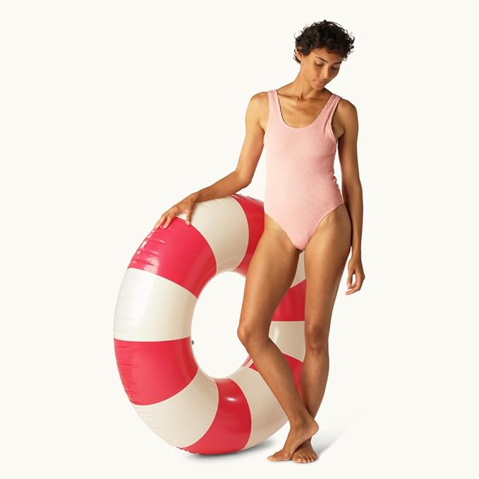 Petites-Pommes Inflatable Tube for Adults - Durable Inner Tube, Handprinted Classic Striped Design Donut Pool Floats, Soft Comfort Seaming, Packable Floats for Travel, Bright Red, 47 inch