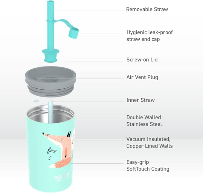 asobu Stainless Steel Kids Tumbler with Flexible Straw Lid | Insulated Water Bottle | Reusable Travel Cup 12 Ounce (Teal)