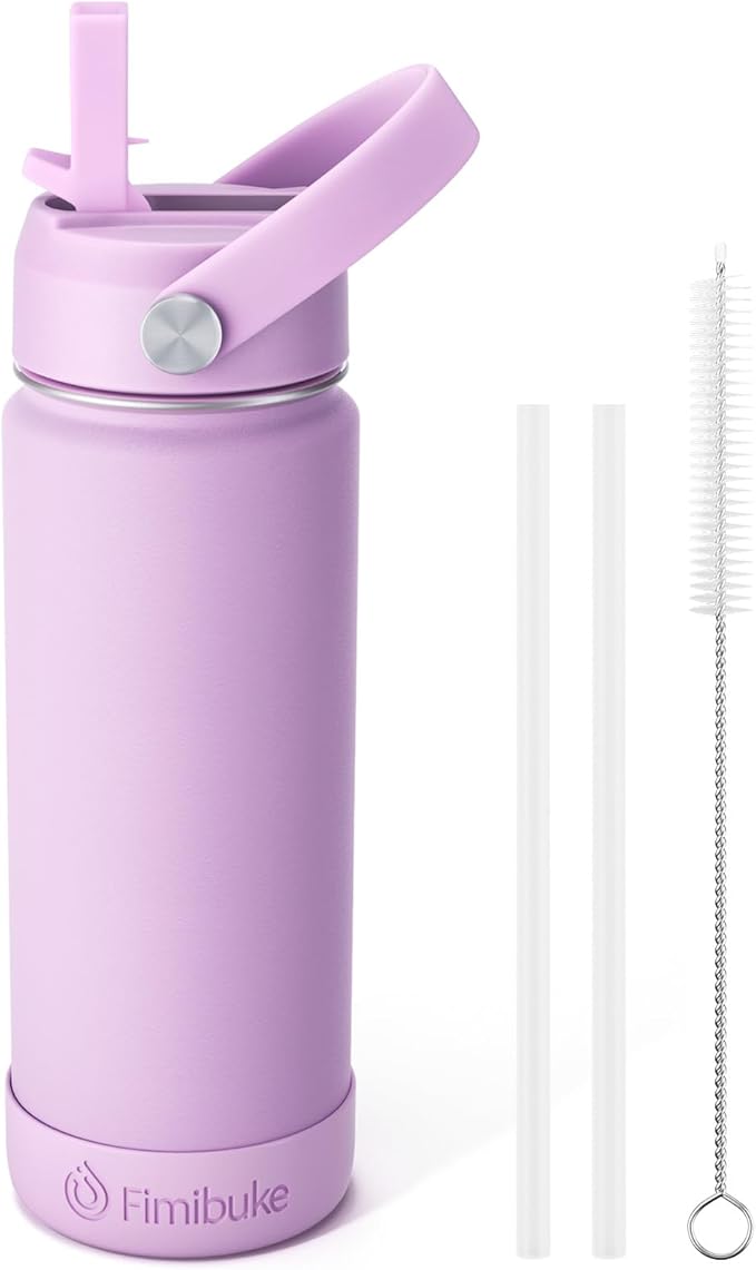 Fimibuke Kids Insulated Water Bottle, 18oz BPA FREE 18/8 Stainless Steel Kids Cup with Straw Travel Tumbler Double Wall Vacuum Leak Proof Toddler Water Bottle for School Boys Girls(1 Pack, Lilac)