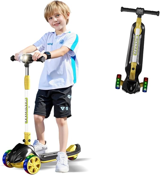 3-Wheel Foldable Kick Scooter for Kids, 4 Adjustable Height Toddler Scooter with LED Lighted Wheels, Lean-to-Steer Design& Wider Anti-Slip Deck for Children Boys & Girls Ages 3-8