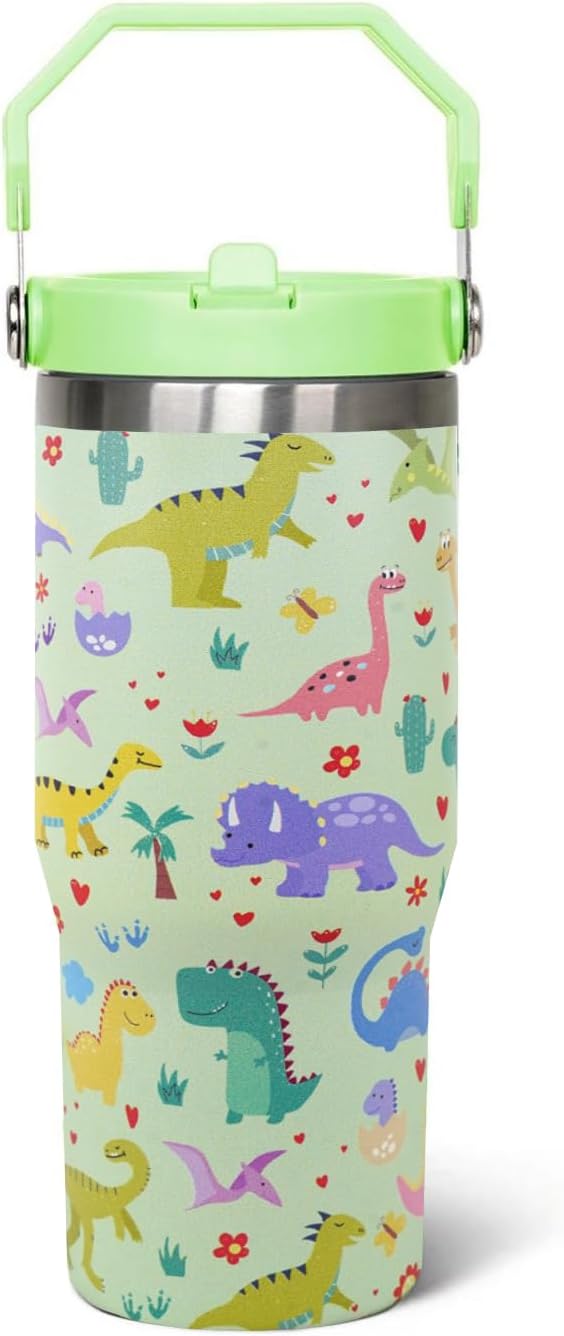 30oz Dinosaur CoffeeTravel Mug Cup Water Botter Flip Tumbler with Handle lid and Straw,Dinosaur Stuff Decor Accessories