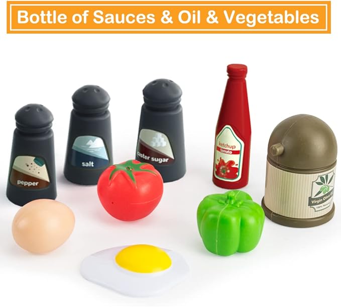 Bruvoalon 32Pcs Kids Play Kitchen Toys Set, Toddlers Pretend Cooking Playset Acccessories with Pots Pans, Utensils Cookware, Foods, Canned Veges, Learning Gift for Kids Girls Boys (White)