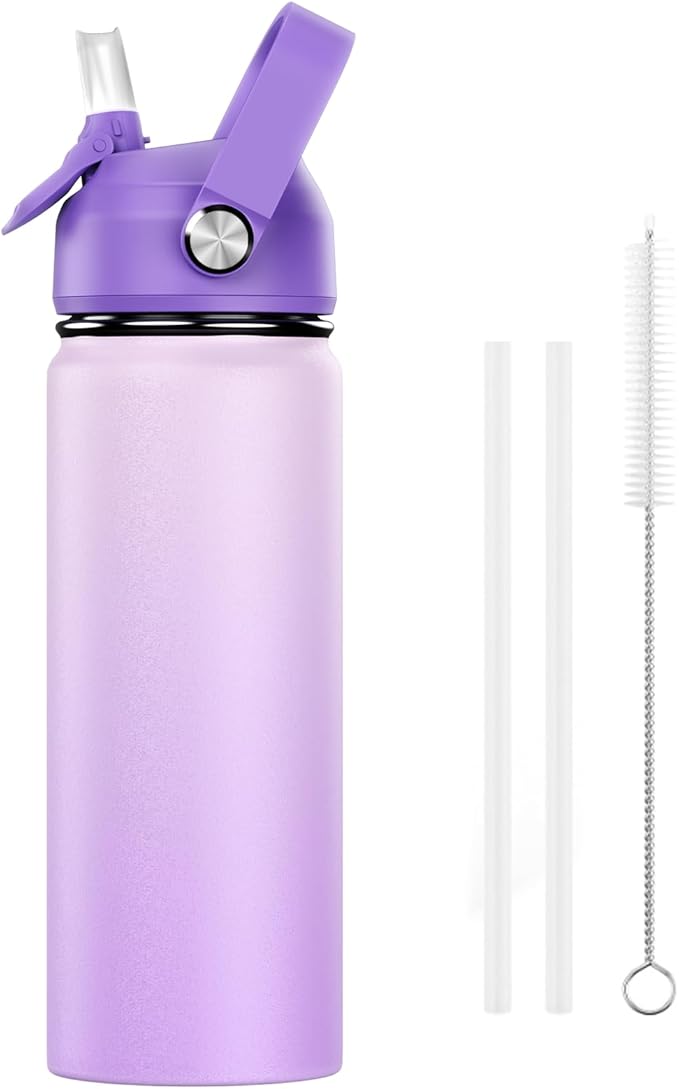 18oz Kids Insulated Water Bottle with Straw Lid - 18/8 Stainless Steel Kid Cup BPA-FREE Travel Tumbler Double Wall Vacuum Leak Proof Portable Toddler Water Bottle (Purple）
