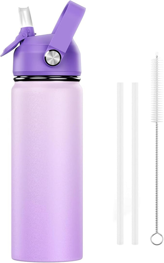 18oz Kids Insulated Water Bottle with Straw Lid - 18/8 Stainless Steel Kid Cup BPA-FREE Travel Tumbler Double Wall Vacuum Leak Proof Portable Toddler Water Bottle (Purple）