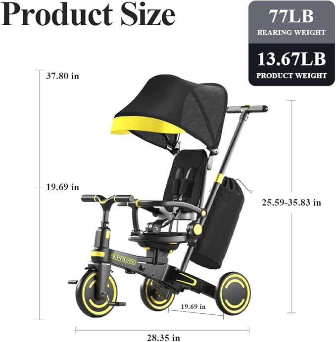 WinHope 9-in-1 Push Tricycle for Toddlers 1-3 Years | Convertible Kids Trike with Adjustable Parent Handle & Safety Harness, Lightweight Foldable Design + Storage Basket for Boys & Girls (Black)