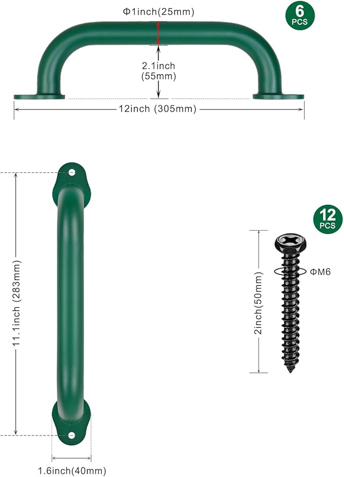 SELEWARE 6-Pack 12-Inch Green Metal Playground Safety Handles – Heavy-Duty, Non-Slip Kids’ Grab Bars for Indoor/Outdoor Playsets, Swing Sets, Playhouses, Treehouses, Jungle Gyms & Climbing Frames