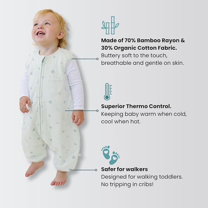 Tealbee Dreamsuit Toddler Sleep Sack with Feet – Walker Sleep Bag with Legs, Rayon made from Bamboo, Winter 1.5 TOG, 2-Way Zipper, 2T-3T - Seashell