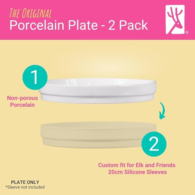 Elk and Friends Kids 7.8” Porcelain White Plates | Suitable for Babies/Toddlers | Microwave & Dishwasher Safe | Non Slip Dinnerware | Snack Dishes | 2 Pack