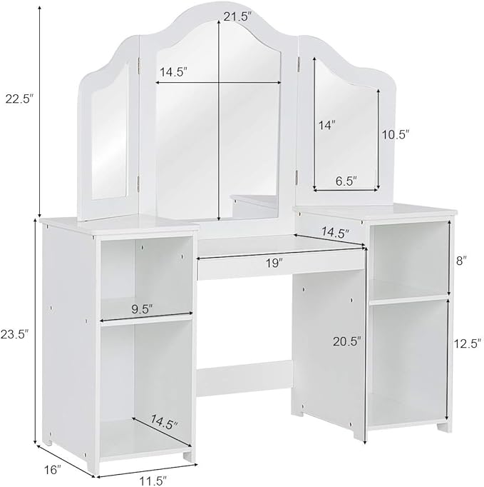 Costzon Kids Vanity, 2 in 1 Princess Makeup Desk Dressing Table with Detachable Top, Toddler Vanity with Tri-fold Mirror & Storage Shelves, Vanity for Little Girls, White