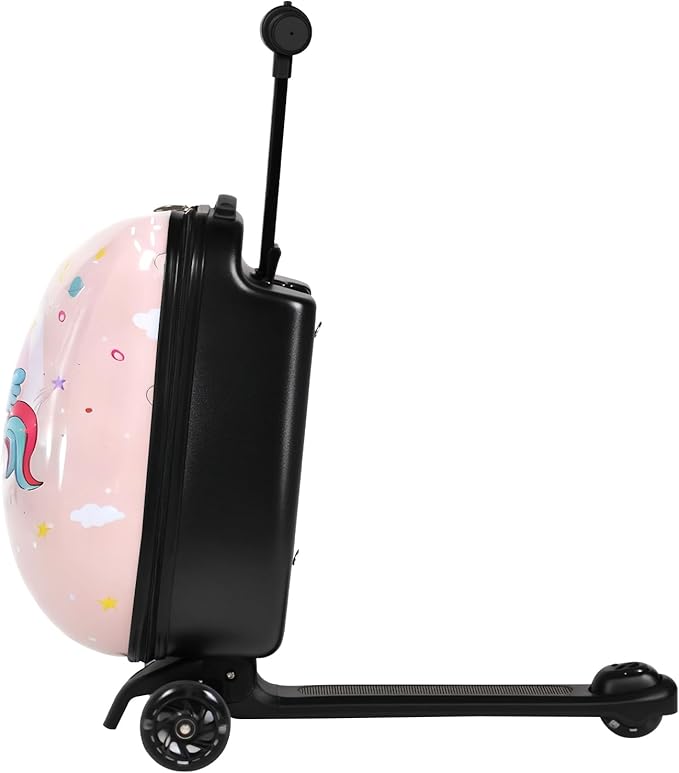 smilesun 4-in-1 Detachable Scooter Suitcase for Kids & Teenagers, Lightweight Hardside Ride-On Suitcase, Foldable Design, Perfect Travel Gift for Girls(Pink Cute Pony 22-inch)