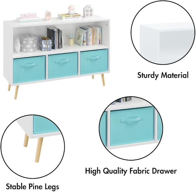 2-Tier Bookcase Bookshelf with Collapsible Fabric Drawers,Cute Book Display Storage Cabinet Organizer for Playroom Livingroom (White+Blue)
