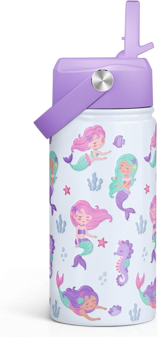 Mermaid Kids Water Bottle With Straw Lid 12oz Insulated Stainless Steel, Travel Tumbler, Gifts For Girls, Birthday, Christmas, Back To School