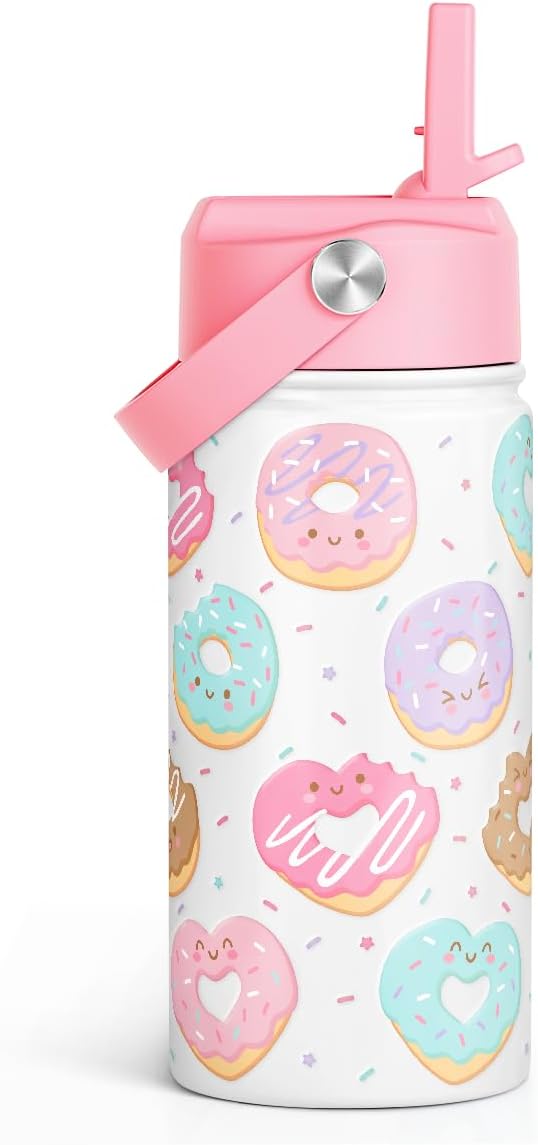 Donut Kids Water Bottle With Straw Lid 12oz Insulated Stainless Steel, Sprinkle Travel Tumbler, Gifts for Girls, Birthday, Christmas, Back To School