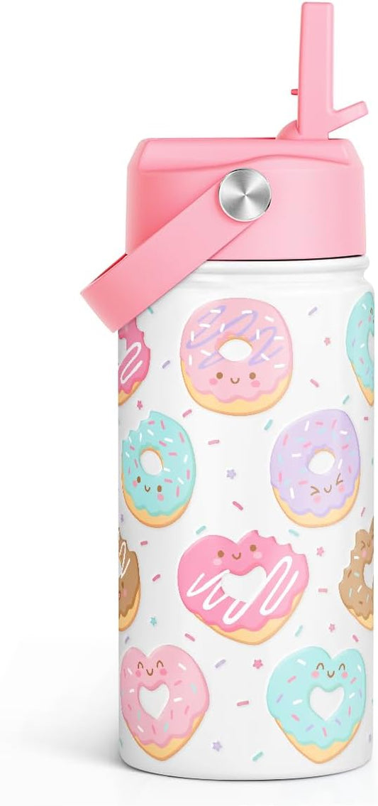 Donut Kids Water Bottle With Straw Lid 12oz Insulated Stainless Steel, Sprinkle Travel Tumbler, Gifts for Girls, Birthday, Christmas, Back To School