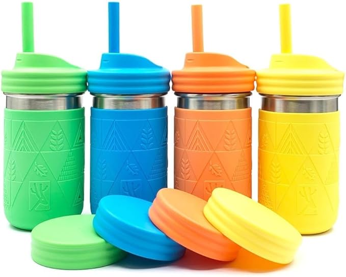 Elk and Friends 14oz Stainless Steel Kids + Toddler Drinking Cups | The Original Mason Jar with Sleeves + Lids | Silicone Straws | Smoothies | Storage Jar | Spill Resistant | Dishwasher Safe | 4 Pack