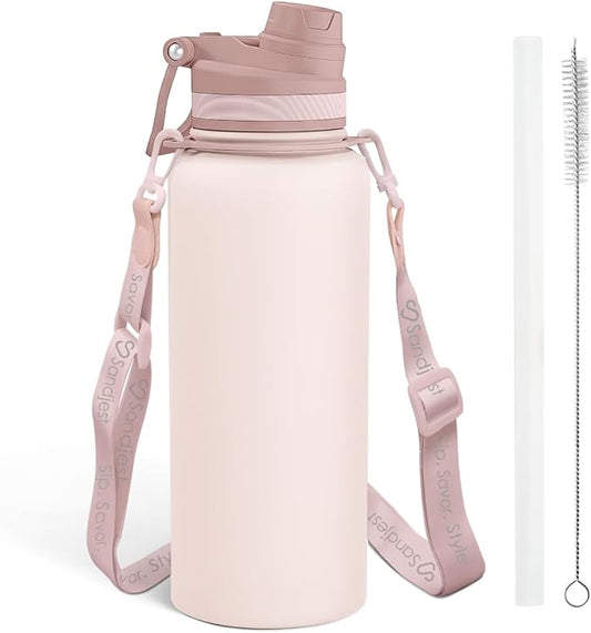 SANDJEST Stainless Steel Water Bottle with Strap 32oz, Insulated Bottles with Straw and Spout Lid for Gym Sports Travel Outdoor, Gifts for Women Girls Birthday Christmas (Beige)