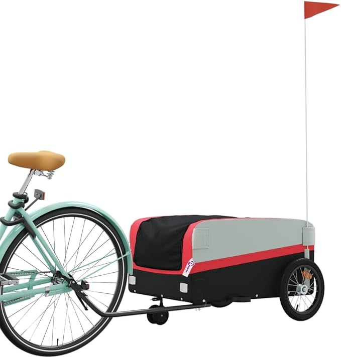 Bike Trailer Bicycle Cargo Trailer, Bike Wagon Trailer, Bike Cart with Safety Flag, Black and Red 99.2 lb Iron, 54.3"x27.2"x22.8"
