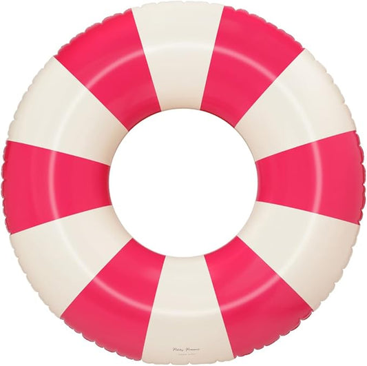 Petites-Pommes Inflatable Tube for Adults - Durable Inner Tube, Handprinted Classic Striped Design Donut Pool Floats, Soft Comfort Seaming, Packable Floats for Travel, Bright Red, 47 inch