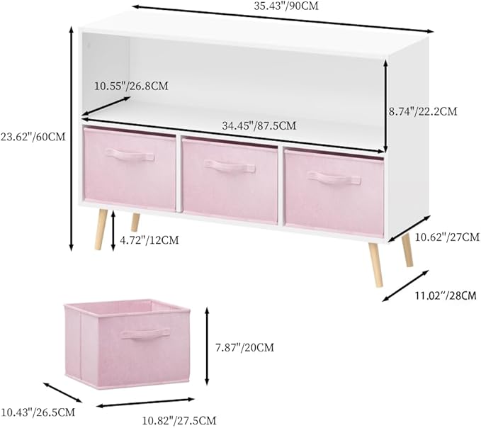 2-Tier Bookcase Bookshelf with Collapsible Fabric Drawers,Cute Book Display Storage Cabinet Organizer for Playroom Livingroom (White+Pink)