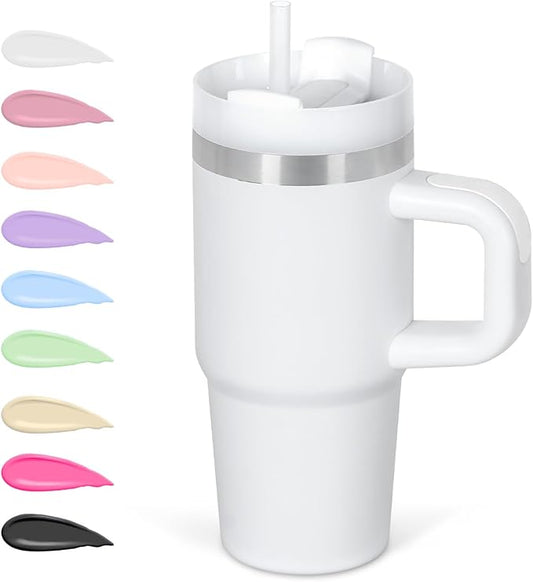 Cosictic 14 Oz Tumbler with Handle and Straw for Kids, Stainless Steel Double Wall Vacuum Insulated Cup for Children, 14 Oz Cups for Kids (Wihte)