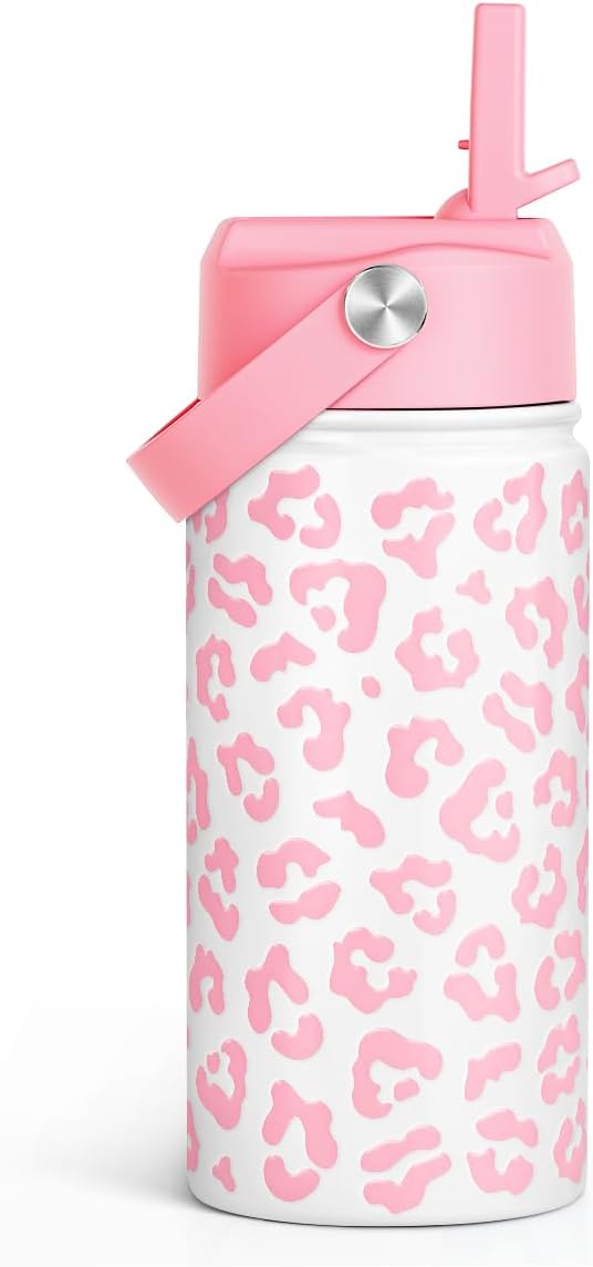 Pink Leopard Print Kids Water Bottle With Straw Lid 12oz Insulated Stainless Steel, Travel Tumbler, Gifts For Girls, Birthday, Christmas, Back To School