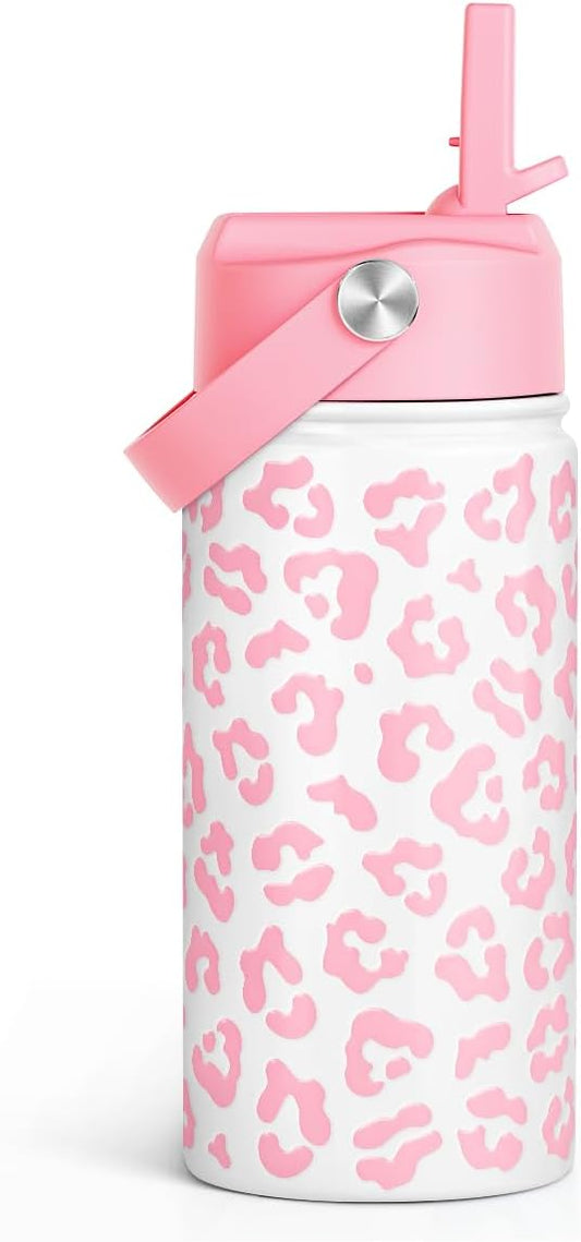 Pink Leopard Print Kids Water Bottle With Straw Lid 12oz Insulated Stainless Steel, Travel Tumbler, Gifts For Girls, Birthday, Christmas, Back To School