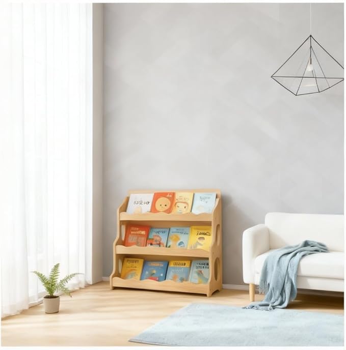 Kids Bookshelf Wooden Montessori Book Shelf Dutch Design 3Tier Scalloped,NaturalMapleWood Pattern