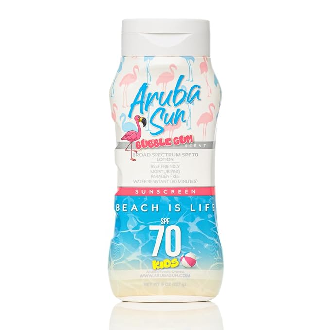 Kids SPF 70 Sunscreen Lotion with Bubble Gum scent | Aruba Reef Act Compliant no 67, Octinoxate & Oxybenzone Free | Water-Resistant, Non-Greasy, Broad Spectrum UVA/UVB Sunscreen, 8 oz