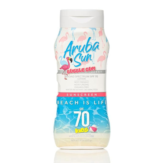 Kids SPF 70 Sunscreen Lotion with Bubble Gum scent | Aruba Reef Act Compliant no 67, Octinoxate & Oxybenzone Free | Water-Resistant, Non-Greasy, Broad Spectrum UVA/UVB Sunscreen, 8 oz