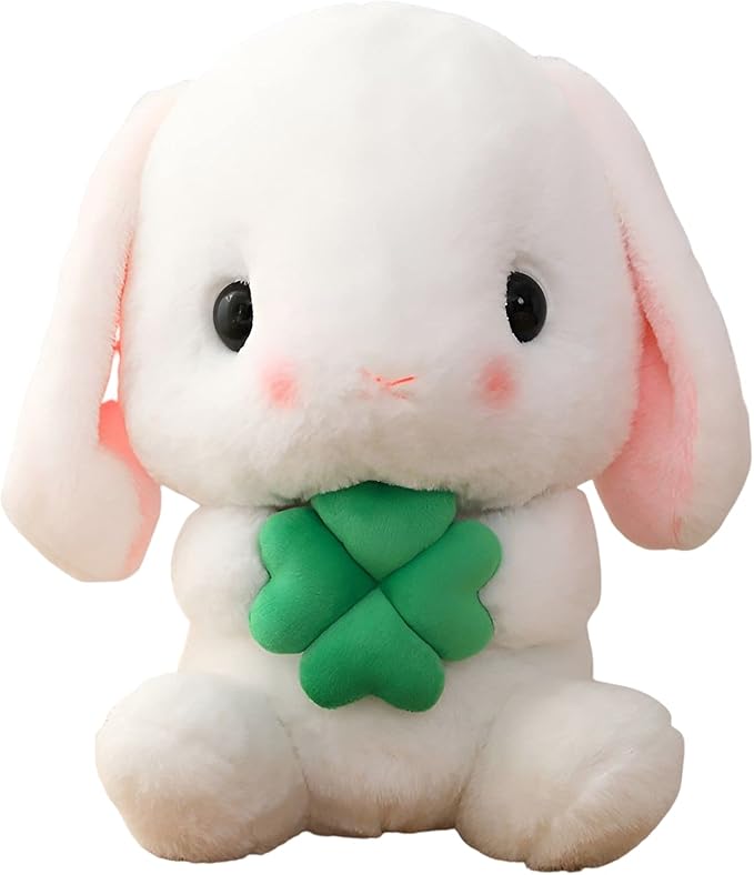HOUPU Soft Toy - Sitting Lop Eared Rabbit, Easter White Rabbit Stuffed Bunny Animal with Carrot Soft Lovely Realistic Long-Eared Standing Pink Plush Toys (White-Four Leaf,25.5in/65cm)