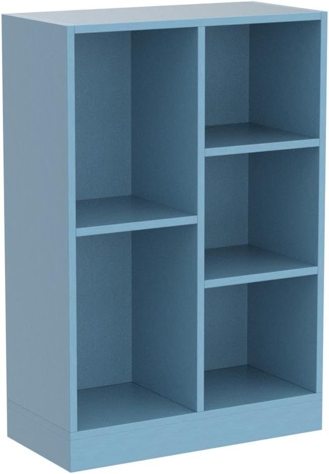 IOTXY Open Shelf Low Bookcase - Wooden 3-Tier Floor Standing Display Cabinet Organizer with Base, 5 Cubes Short Horizontal Bookshelf in Bright Blue