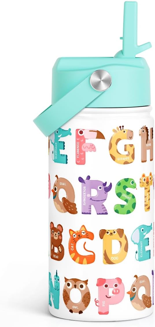 Alphabet Kids Water Bottle with Straw Lid 12oz Insulated Stainless Steel, Travel Tumbler, Animal Gifts for Boys Girls, Birthday, Christmas, Back to School