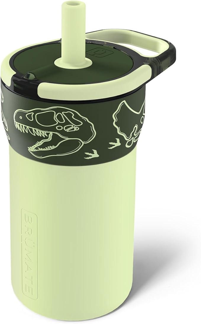 BrüMate Leap 12oz 100% Leakproof Kids Tumbler with Handle and Silicone Soft Straw | Drop Resistant Silicone Sleeve | For Kids 4+ | Insulated Stainless Steel | Cup Holder Friendly | 12oz (Dinos)