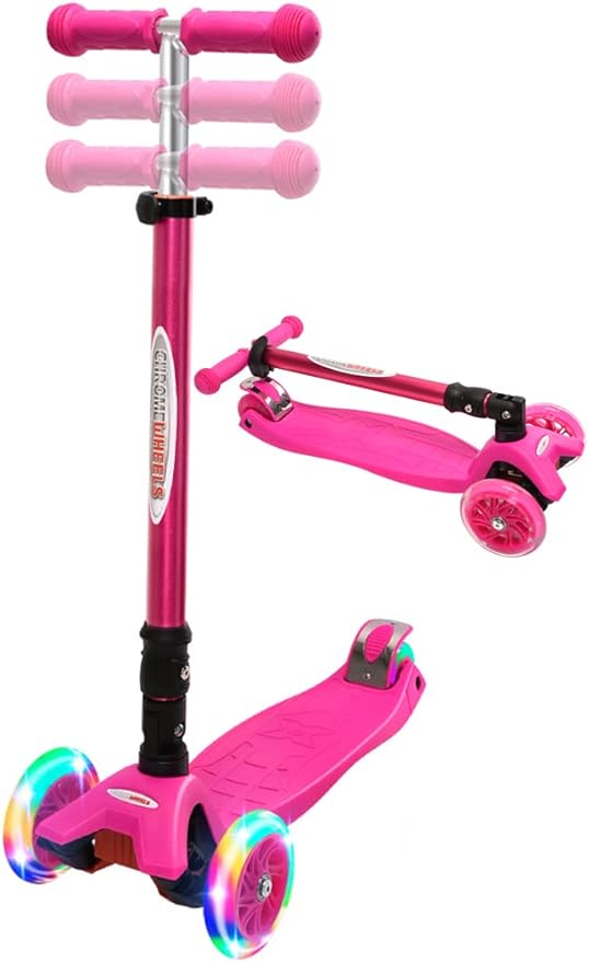 ChromeWheels Foldable Scooters for Kids, Deluxe Kick Scooter 4 Adjustable Height 132lbs Weight Limit 3 Wheel, Lean to Steer LED Light Up Wheels, Best Gifts for Girls Boys Age 3-12 Year Old