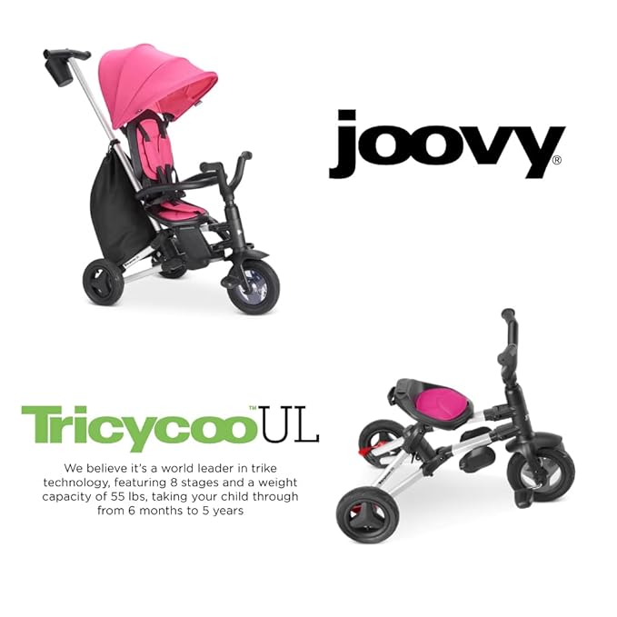 Joovy Tricycoo UL Kids Tricycle with 8 Stages Featuring 3 Rubber Tires, Removable and Adjustable Parent Handle, Safety Harness, 3-Position Recline Seat, and Retractable Canopy, Pink Crush