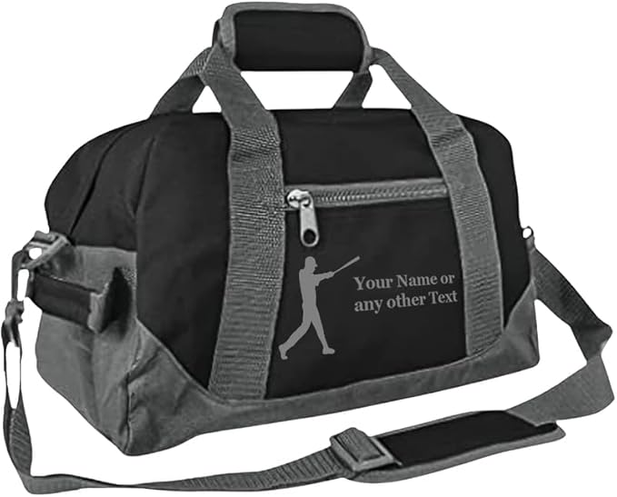 Personalized Passion 14” Small Sports Duffel Bags for Kids - Waterproof Travel Duffle with Name & Baseball Design - Black/Gray Two-Toned Kids Weekender Bag for Boys and Girls